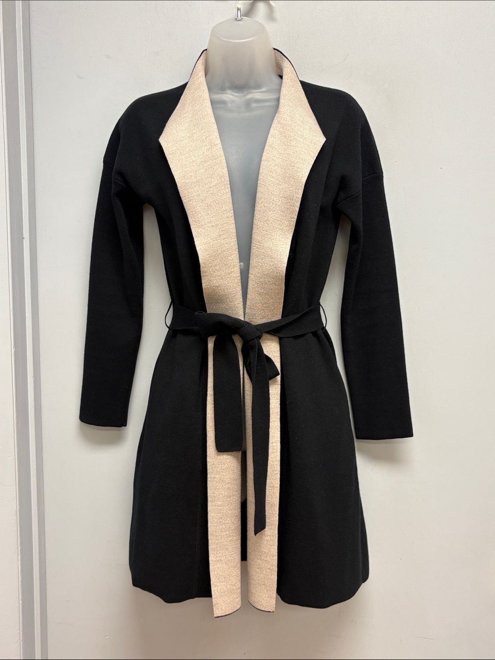 M.M.LaFleur Black Beige Wool Silk Cashmere Belted Cardigan Coat XS